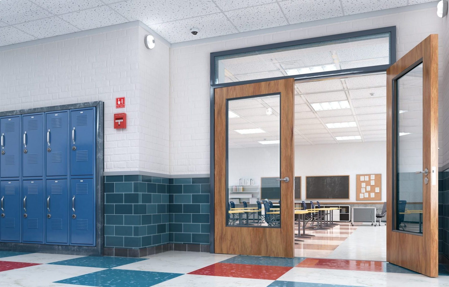 School Hallway with blue lockers and Entrance to Classroom, with Wooden Doors with large windows and desks past the door