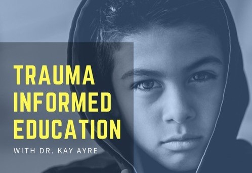 Text: trauma informed education with Dr. Kay Ayre over he picture of a child wearing a hoodie