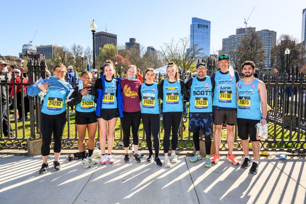 Doctor of Physical Therapy student Jacob Notinger (far right) with fellow Boston Marathoners raising funds for the Dana Farber Cancer Institute.