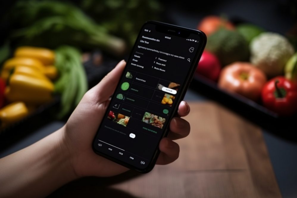 An arm is holding a cell phone while ordering groceries online. Fruits and vegetables are on a tray in the background